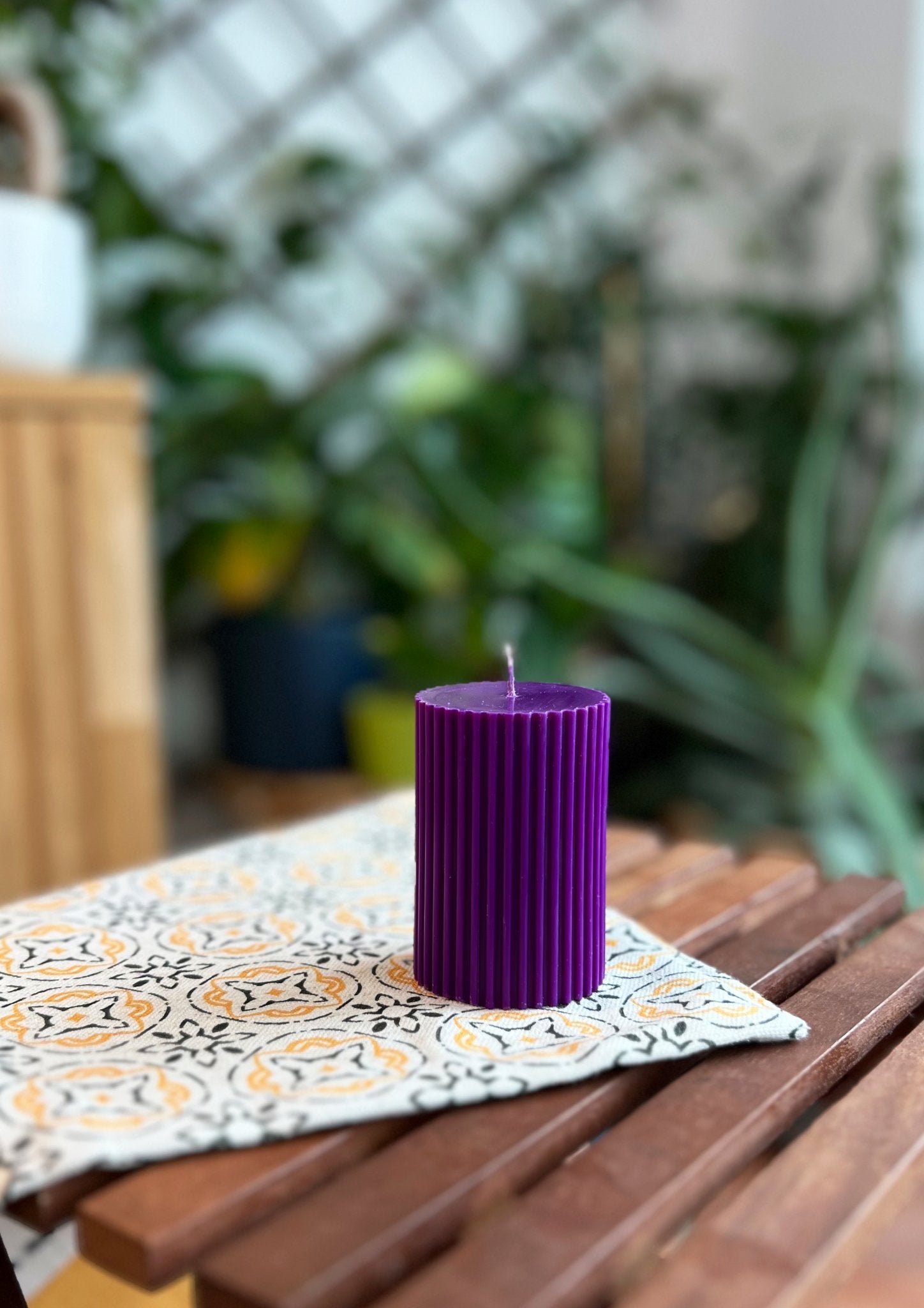 Ribb (small)_Purple | Handmade Soywax Purple Ribbed Pillar Candle - House of Dhara