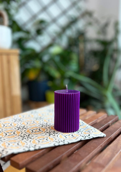 Ribb (small)_Purple | Handmade Soywax Purple Ribbed Pillar Candle - House of Dhara