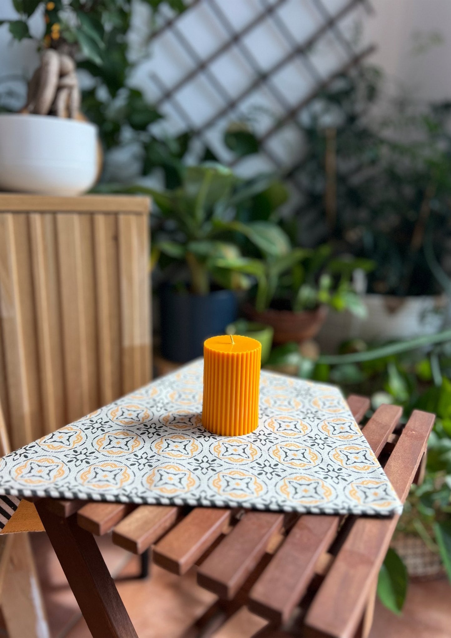 Ribb (small)_Yellow | Handmade Soywax Yellow Ribbed Pillar Candle - House of Dhara